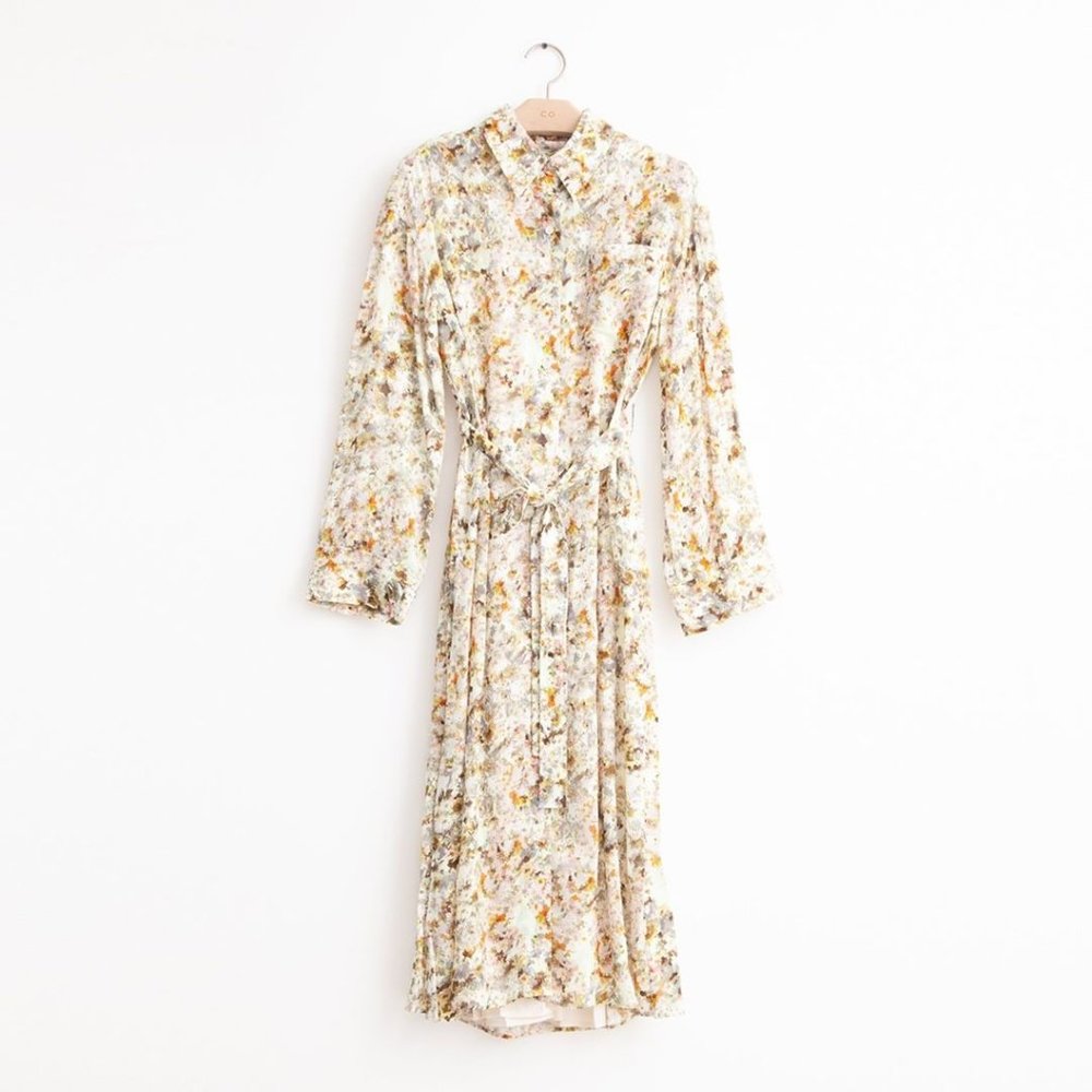 NWT Co Collections Button Front Shirtdress w/ Belt in Abstract Floral Jacquard,